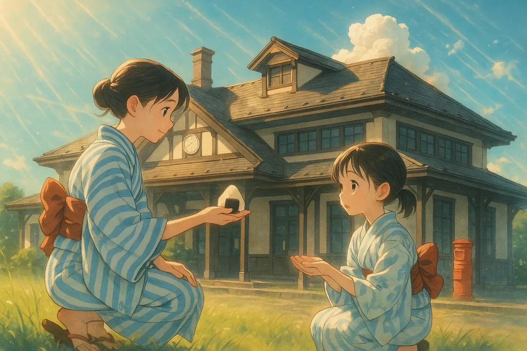夏の青空の下、旧室蘭駅舎の前で浴衣を着た二人の姉妹が座っている。姉が妹におにぎりを差し出している温かい瞬間。背景には明治時代の木造駅舎が美しく描かれ、アニメーション風のタッチで描かれている。